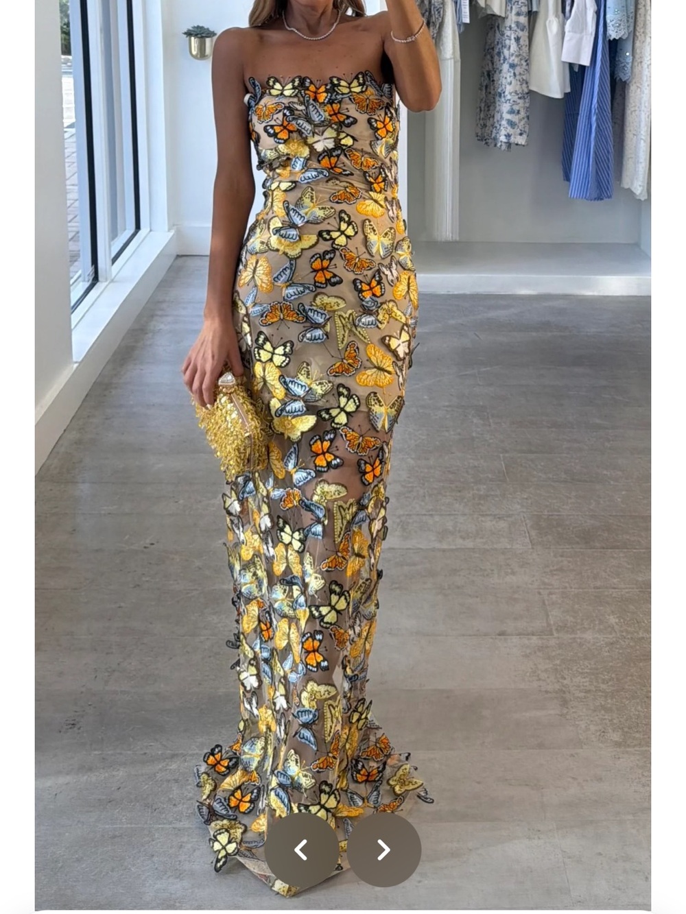 Yellow Strapless Butterfly Embellished Evening Dress